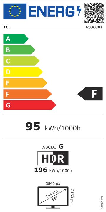 Etichetta energetica TCL Serie Q6C Smart TV QD-MiniLED 4K 65" 65Q6C, audio Onkyo 2.1, Dolby Vision IQ & Atmos, Google TV (65", Mini-LED, 4K, 2025)