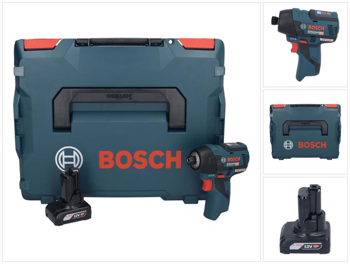 1x Bosch GDR 12V-110 Professional Akku Drehschlagschrauber, 1x Bosch GBA 12 V 6,0 Ah Akku (1600A00X7H), 1x L-Boxx 102 Koffer (1600A012FZ), 1x passende Einlage, ohne Ladegerät