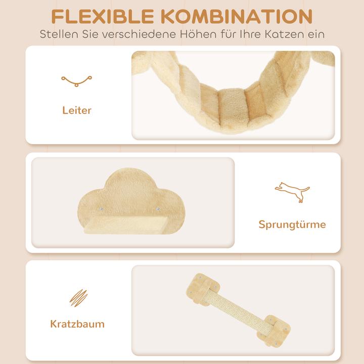 Image du produit PawHut Katzen Kletterwand Set Spanplatte, Plüsch Beige (54 cm, Beige+Blanc crème)