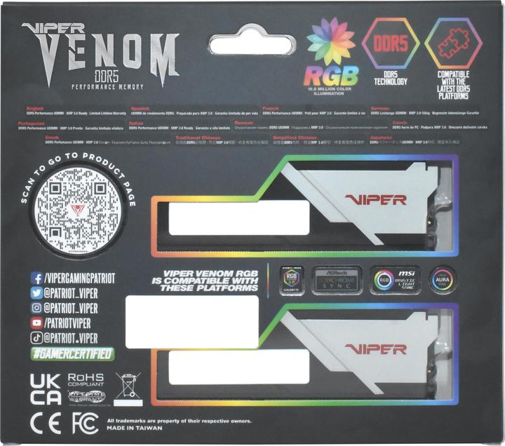 Actual product image Patriot Viper Venom RGB 32GB DDR5 6200-40, PVVR532G620C40K (2 x 16GB, 6200 MHz, DDR5 RAM, U-DIMM)