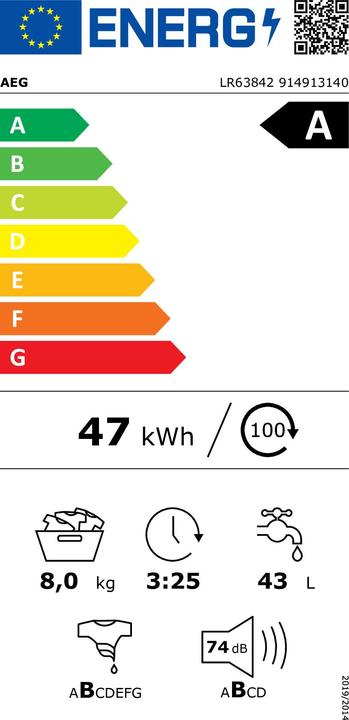 Etichetta energetica AEG LR63842 6000 serie ProSense - Wasmachine - 8 kg - 1400 rpm (8 kg, A sinistra)