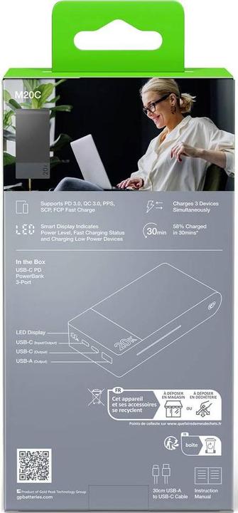 Actual product image GP Batteries GP PowerBank M2+ 20C 20000mAh 2xUSB-C/1xUSB-A black LED indicator (20000 mAh, 22.50 W, 74 Wh)