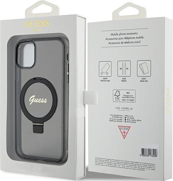 Actual product image Guess GUHMN61HRSGSK iPhone 11 / Xr 6.1" czarny/black hardcase Ring Stand Script Glitter MagSafe (Apple iPhone 11)