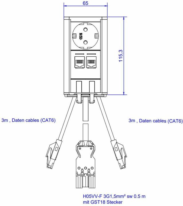 Actual product image Bachmann ELEVATOR power strip 1x Schuko 2x LAN chrome matt (2 x, CEE 7/3, RJ45, 0.50 m)