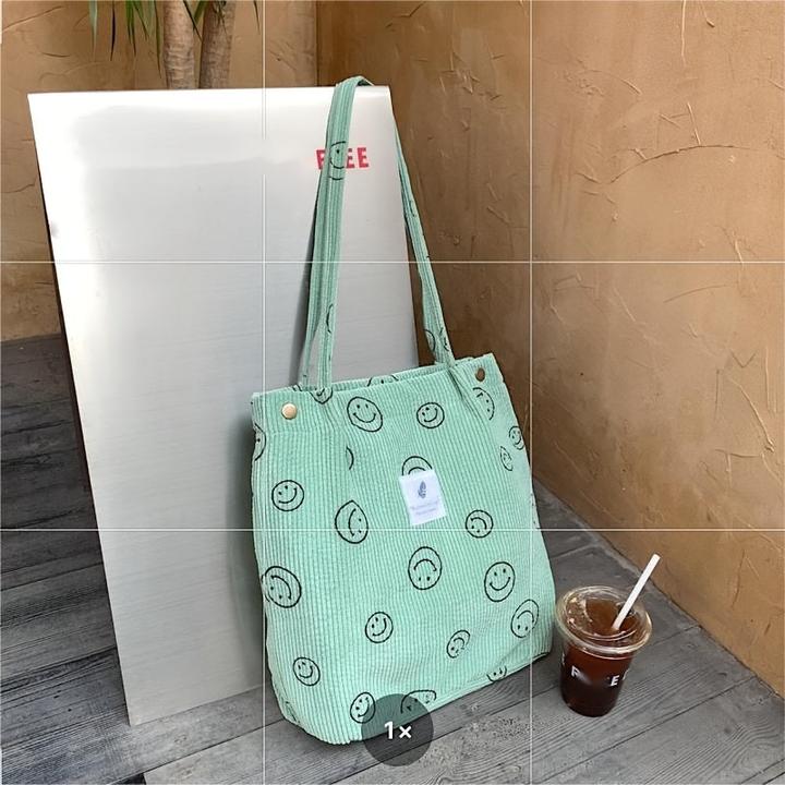 Produktbild Only-Bags.Store Retro Corduroy Tote Bag, Lächelndes Gesicht Druck Umhängetasche, einfache Handtasche für Schule