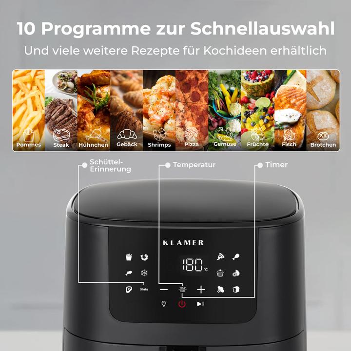 Produktbild KLAMER Heissluftfritteuse 5l XL, Heissluftfritteuse mit Sichtfenster & Schüttel-Erinnerung, Ölfr…