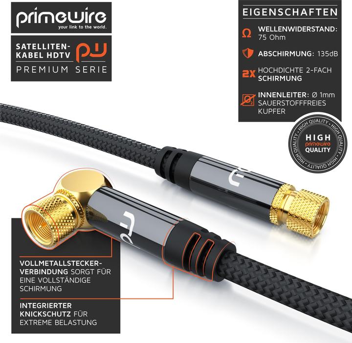 Produktbild Primewire HDTV Satellitenkabel gewinkelt mit Stoffummantelung, SAT Kabel, 135dB 75 Ohm 4k, F Stecker, schwarz (135 dB, Antennenkabel)