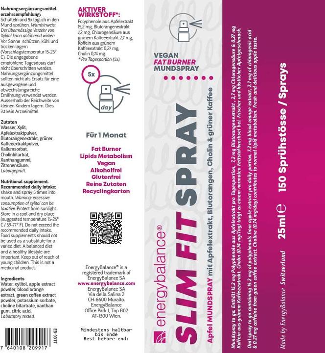 Nutritional values and ingredients Energybalance Selenium & double C mouth spray (1 Piece, Spray)