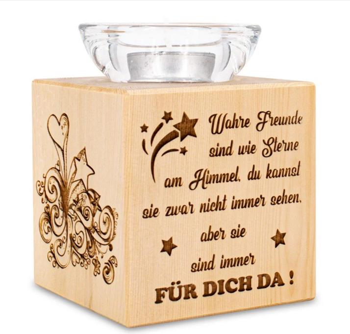 Produktbild ZNatur Zirben Holz Teelichthalter Würfel & Glas Dekogeschenk mit Gravur Wahre FreundeNo.11 (1 x)