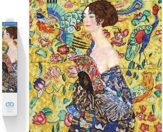Dante Diamond Dotz Stickerei Dame mit Klimt Fächer 75x75cm DD13028