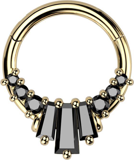 Produktbild Star Piercing Micro Segmentring klappbar vergoldet sechs runde und drei Baquette Kristalle schwarz (Messing, Chirurgenstahl 316L)