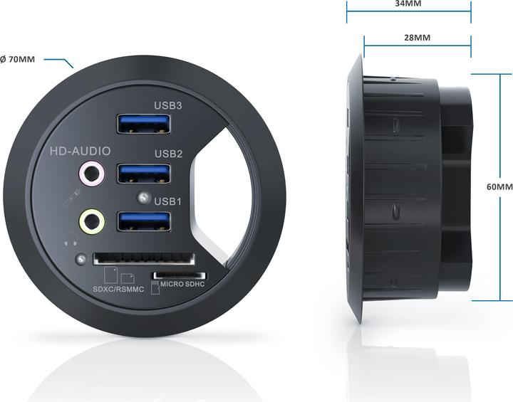 Produktbild CSL USB 3.0 In-Desk USB Hub / Tisch-Kabeldurchführung mit Multi-Cardreader | Tischkabeldose (USB-A, 7 Ports)