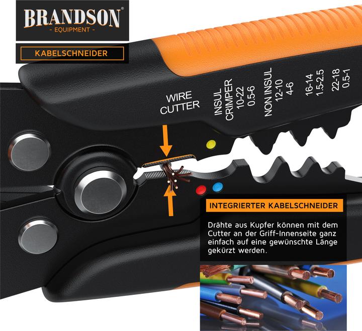 Produktbild Brandson Abisolierzange selbsteinstellend, 10-24 AWG, Crimpzange zum Abisolieren, Kabelschneider 0,2 - 6mm² ⌀ (210 mm)