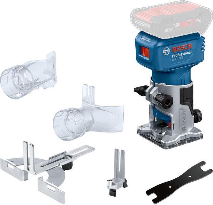 1 x assembly spanner, 1 x dust extraction unit, Rip fence (2 608 000 331), Collet chuck with union nut 8 mm (2 608 570 134), 35/45 mm (1 619 PC2 086), 13/17 mm (1 619 PC2 085)