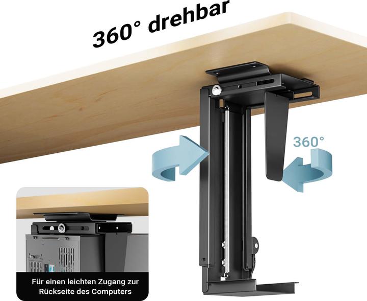 Actual product image Wiltec Under-desk Computer Holder Continuously Adjustable 360° Swivelling for PC Cases up to 10kg