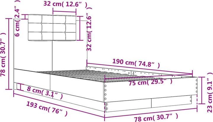Produktbild VidaXL Bettgestell mit Kopfteil und LED-Leuchten (90 x 200 cm)