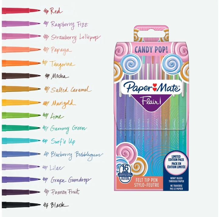 Produktbild Paper Mate Flair Candy Pop (Flieder, Salted Caramel, traube, Orange, Himbeere, Ringelblume, Blueberry Bubblegum, Hellgrün, Braun, 16 x)