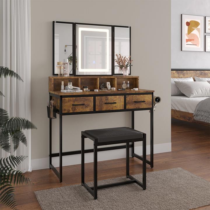Actual product image Vichy Dressing table Fyrk, Rustic oak, 90 cm with stool and LED mirror