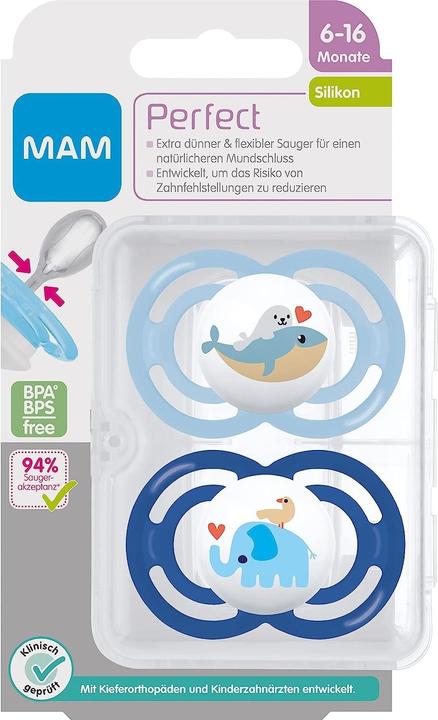 Produktbild MAM Perfect Silikon Schnuller 2 Stück 6-16 Monate Wal Elefant