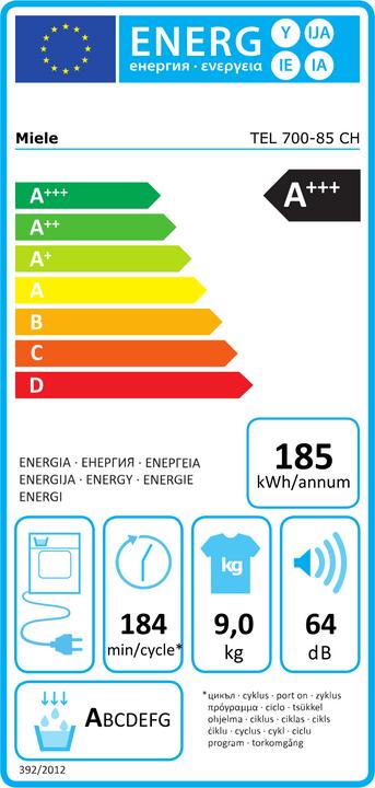 Label énergétique Miele TEL700-85 CH EcoSp&Steam&9kg (9 kg, Gauche, Fiche CH)