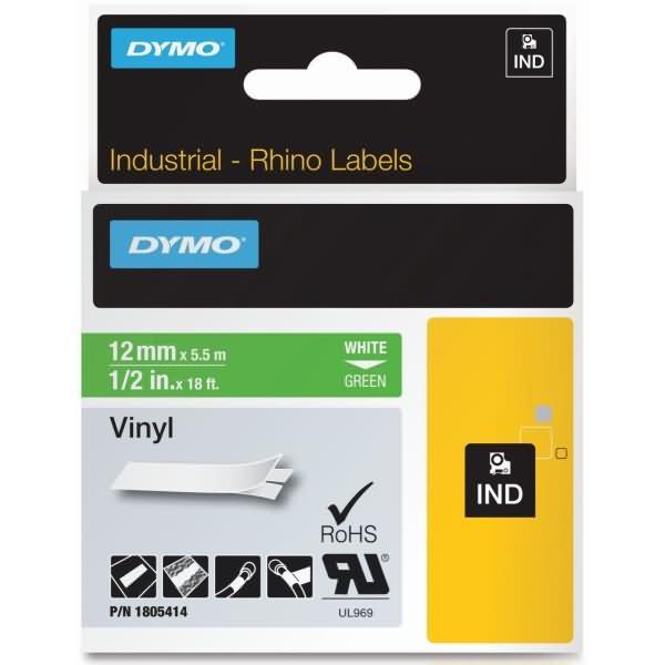 Produktbild Dymo Rhino 12mm weiß auf grün Vinyl (1.20 cm, Grün)