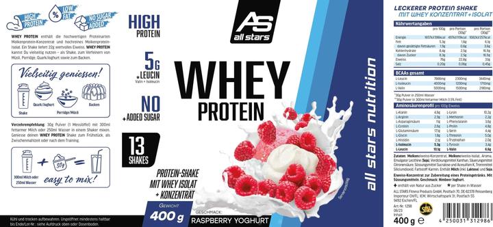 Valori nutrizionali e ingredienti All Stars 100% Proteine del siero del latte (barattolo da 400 g) (Yogurt al lampone, 1 pz.)