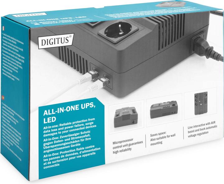 Produktbild Digitus All-in-One USV, 600VA/360W, LED x1, 4x CEE 7/7,3x IEC C13, USB (600 VA, 360 W, Line-Interaktiv USV)