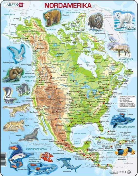 Actual product image Larsen North America, physical map with animals (66 pieces)