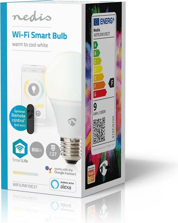 Produktbild Nedis WIFILRW10E27 SmartLife LED Bulb WLAN E27 806 lm 9 W Warm to Cool White 2700 - 6500 K Energiekl (E27, 9 W, 806 lm, 1 x, F)