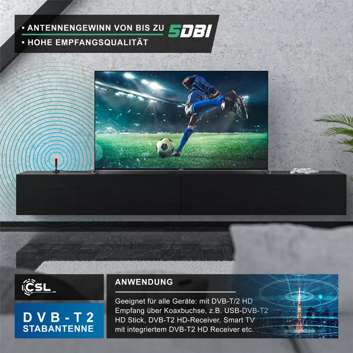 Immagine prodotto CSL Antenna a stilo DVB-T2 per uso interno, antenna digitale con cavo da 4 m / adattatore F-plug incluso (Antenna a stilo, 5 dB, DVB-T / -T2)