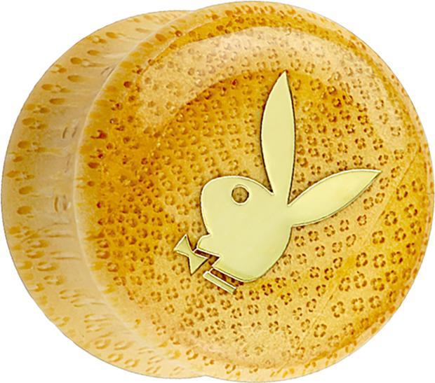 Produktbild Star Piercing Flared Plug aus Bambusholz Playboy Bunny auf goldenem grund (Organisch, ohne Messing, Mineralisch)