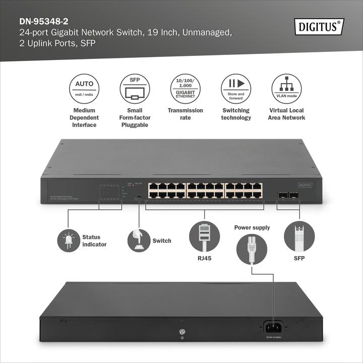 Productafbeelding Digitus 24-poorts Gigabit netwerkswitch, 19-inch, onbeheerd, 2 uplink poorten, SFP (24 Havens)