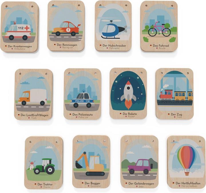 Produktbild Activity Board Zweisprachige Holz-Lernkarten (Deutsch - Englisch), Holz-Lernkarten Fahrzeuge, Sprachen lernen für (Deutsch)