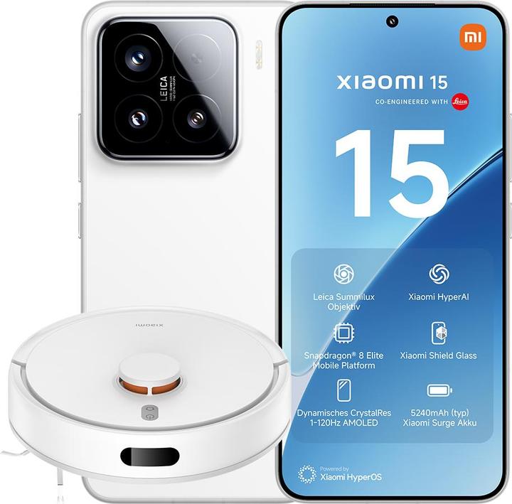 Xiaomi 15 + Robot Vacuum S20 Launch Bundle (512 Go, Blanc, 6.36", Double SIM, 50 Mpx, 5G)