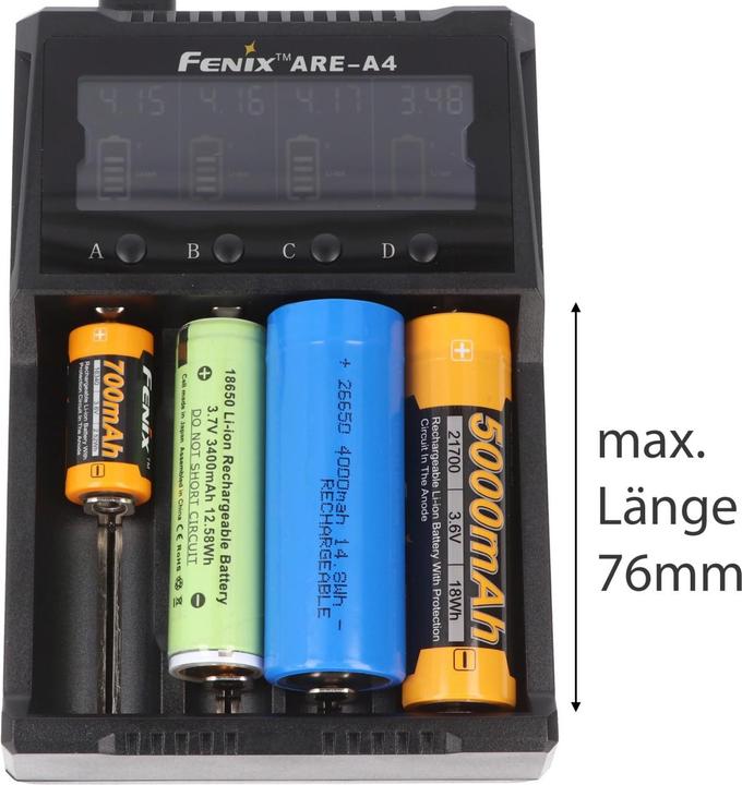 Actual product image Fenix Round cell charger ARE A4 (1 pcs., 10340, 10350, 10440, 10500, 12500, 12650, 13500, 13650, 14500, 14650, 16340, 16650, 17500, 17650, 17670, 18350, 18490, 18500, 18650, 18700, 21700, 22650, 25500, 26500, 26650, Rechargeable battery)