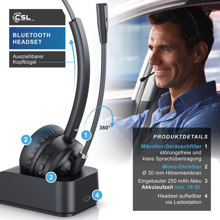 Actual product image CSL Wireless headset, Bluetooth headphones, microphone, charging station, noise cancel, multipoint, BT (Wireless, USB-A)