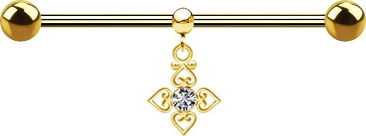 Produktbild Star Piercing Barbell vergoldet zwei Kugeln mit Kugel Ring Anhänger Kristall silber vier filigrane Herzen (Chirurgenstahl 316L)