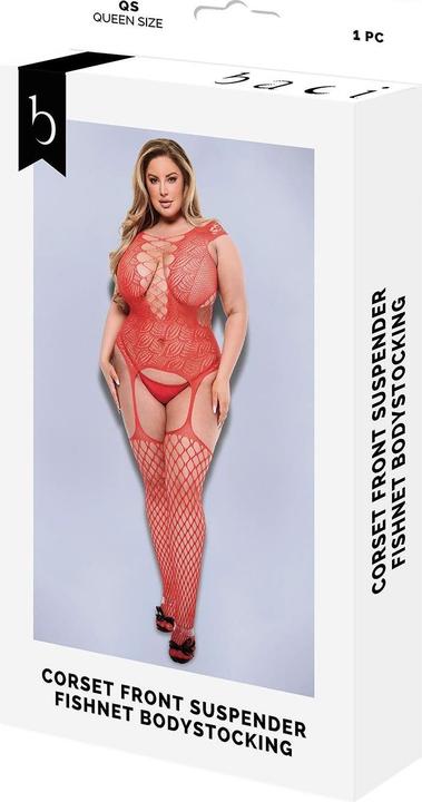 Produktbild Baci XGEN Corset Front Suspender Fishnet Bodystocking - Red - Q (UK Size 14-20) - Passionate and Provocat (14, 15, 16, 17, 18, 19, 20)