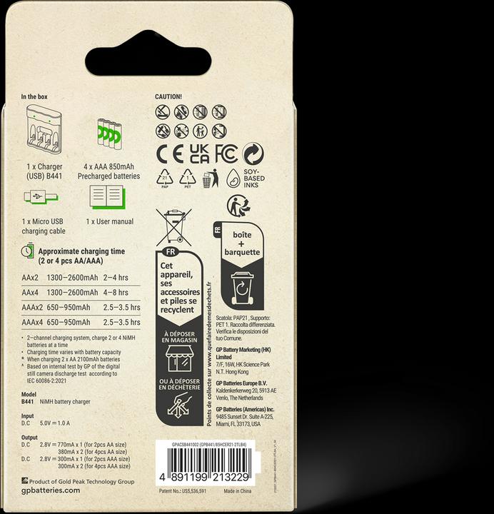 Productafbeelding GP Batteries GP ReCyko Everyday Batterijlader, B441 (USB), incl. 4 x AAA 850 mAh batterijen (4 Pcs., AAA, 850 mAh, Oplaadbare batterijen + lader)