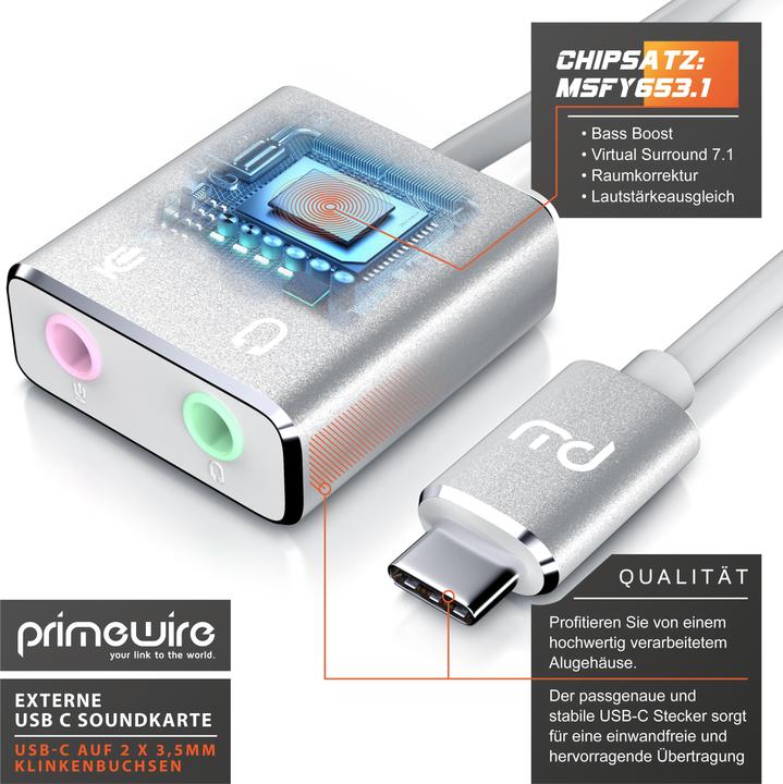 Produktbild Primewire USB C Soundkarte extern, Virtual 7.1 Surround, Stereo Audio / Kopfhörer Adapter, DA Wandler, DAC (USB-C)