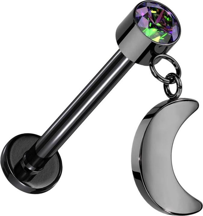 Actual product image Star Piercing Micro threadless labret black cylinder black crystal dark multicolour pendant moon black (without brass, Titanium G23)