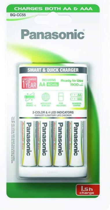Panasonic Smart Quick Charger BQ-CC55 (4 Stk., AA, 1900 mAh, Ladegerät inkl. Akku)