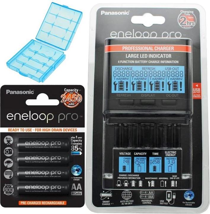 Image du produit Panasonic Chargeur EneloopBQ-CC65 avec écran LCD, 4 eneloop pro AA Mignon, AccuCell Box Blue (4 pcs, AA, 2550 mAh, Piles rechargeables + chargeur)