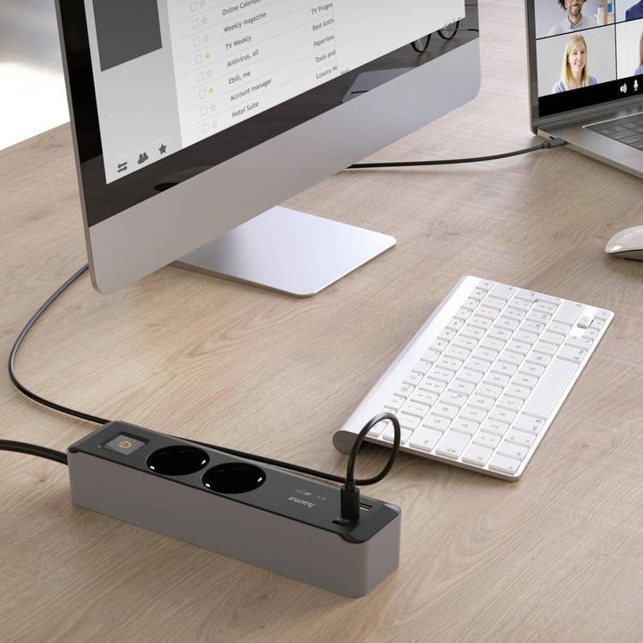 Produktbild Hama Steckdosenleiste, 2-fach, USB-C/A 65W, PD, Schalter, 1,4 m, Schwarz/Grau (2 x, CEE 7/3, 1.40 m)