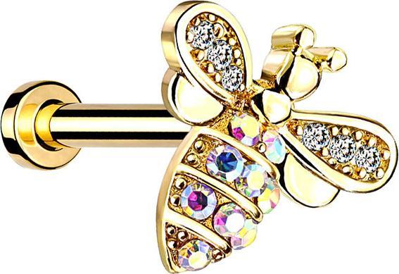 Produktbild Star Piercing Micro Labret Innengewinde 14k vergoldet Biene mit Kristallen (Messing, Chirurgenstahl 316L)