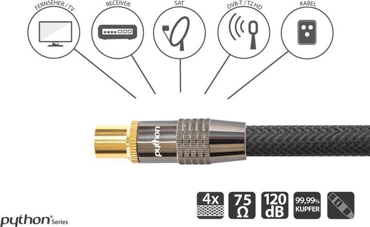 Immagine prodotto Python Cavo antenna SAT, spina IEC/coax a presa dorata, schermatura 120 db, 75 Ohm, treccia di nylon sch (120 dB, Cavi antenna)