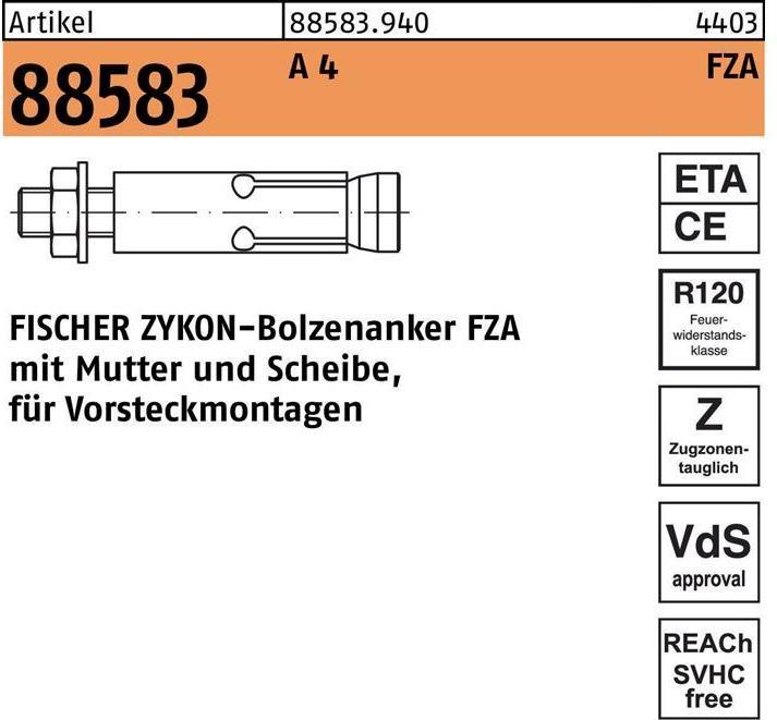 Immagine prodotto Fischer Ancoraggio a cuneo R 88583 ZYKON FZA 18x 80 M 12/55 A 4 Senza specifiche di superficie (10 pz.)