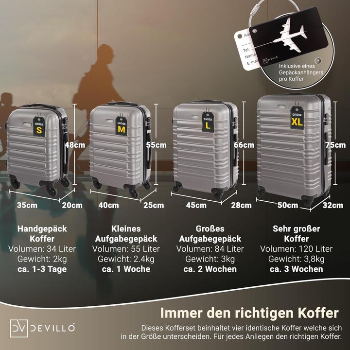 Produktbild Devillo Hartschalenkofferset (120 l, Handgepäck (bis 50l), M (50 - 90l), L (90 - 115l), XL (ab 115l))