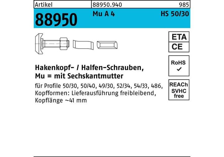 Produktbild Halfen Hammerkopfschraube R 88950 Typ 50/30 6-kantmutter M 12 x 40 Mu A 4 (25 Schrauben pro Stück)