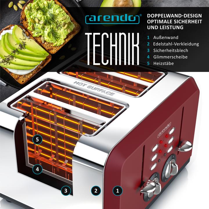 Produktbild Arendo Edelstahl Toaster 4 Scheiben, Automatik, Edelstahl, Wärmeisolierendes Doppelwandgehäuse, rot